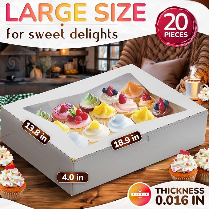 20Pcs Half-Sheet Cake Boxes 19x14x4" - White Bakery Boxes with Window, Pastry and Dessert Box Set for Holiday Desserts Gifts & Presentation, Glossy Flip Top Boxes for Cakes, Cupcakes, Cookies & Donuts