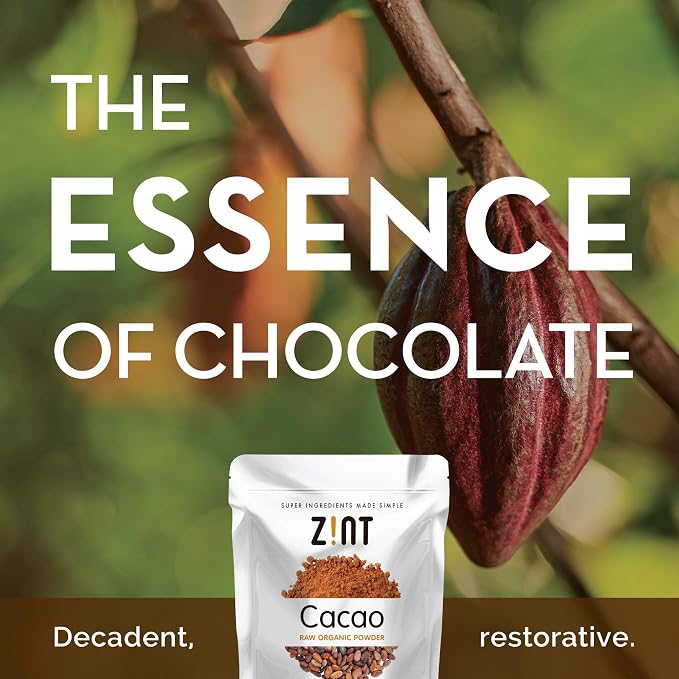 Zint Organic Cacao Powder (8 oz): Organic, Non GMO, Anti Aging Antioxidant Superfood, Gluten Free Cocoa Cacao Beans, Pure Delicious Chocolate Essence