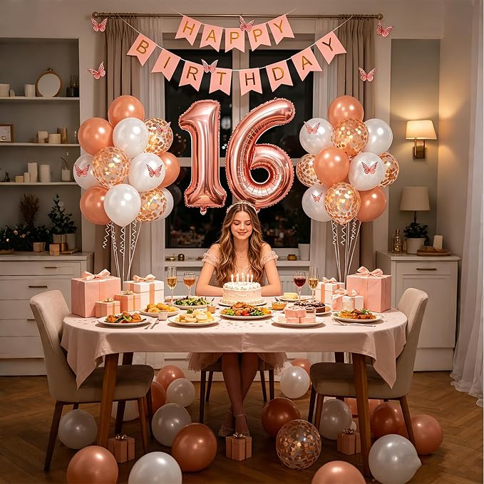 16th Birthday Decorations For Girls- Rose Gold Pearl White Balloons, 32 Inch Rose Gold "16" Balloon, 3D Butterflies Stickers, Happy Birthday Banner For Girl Sweet Sixteen Party Decorations