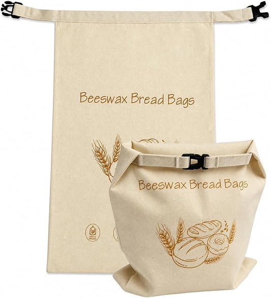 Beeswax Bread Bags for Sourdough, 2 Pack XL Reusable Organic Cotton Linen Bread Storage Bags with Lock Buckle, Natural Bees Wax Bread Bag for Homemade Bread, Freezer Friendly Food Storage, Keep Fresh