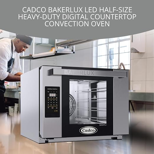 Cadco XAFT-04HS-LD Bakerlux LED Half-Size Digital Countertop Commercial Convection Oven, 4 Shelves, Stainless Steel, 23-5/8", 208/240V, NSF Certified for Restaurant and Food Truck Use