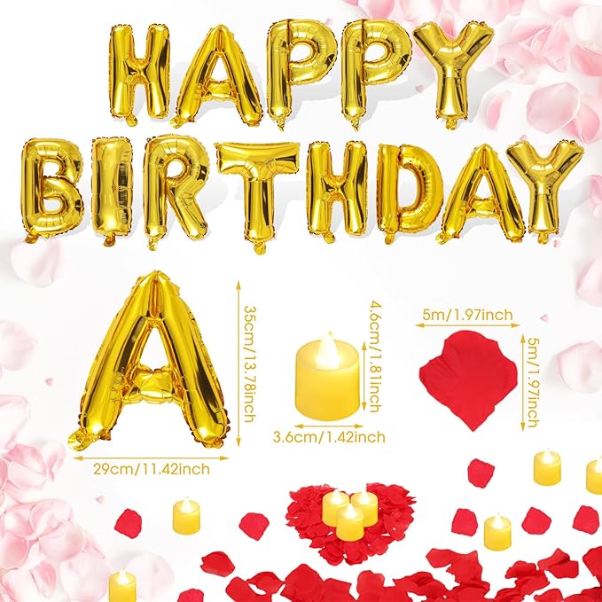 Red and Gold Happy Birthday Balloons Decorations Happy Birthday Letter Balloons Banner with 24pcs Flameless LED Candles and 2000pcs Artificial Rose Petals for Women Men Room Party Decorr