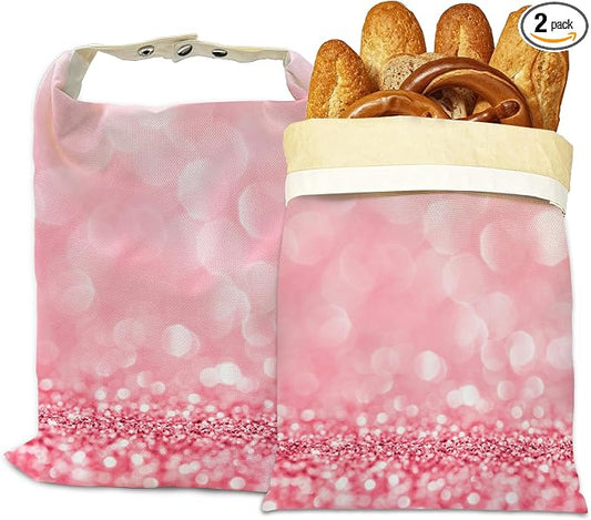 Beeswax Bread Bags, 2 Pack for Homemade Bread and Sourdough Storage | Pink Glitter, Reusable Polyester Bread Storage With Beeswax Coating And Snap Closures