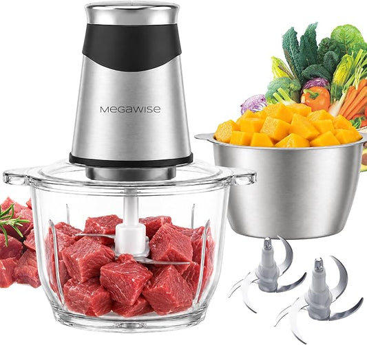 MEGAWISE Electric Food Chopper 800W, Dual-Speed Meat Grinder with1.2L 304# Stainless Steel Bowl & 2.2L Glass Bowl, BPA-Free Food Processor for Meat, Vegetables, and Nuts