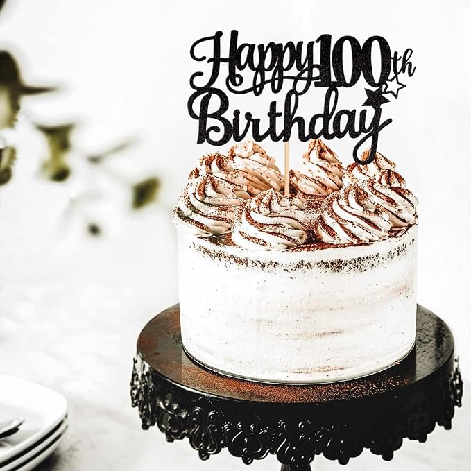 1 PCS Happy 100th Birthday Cake Topper Glitter Cheers to 100 Years Cake Pick 100 Fabulous Cake Decoration for 100th Birthday Party Decorations Supplies Black