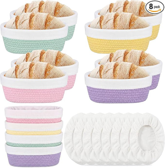 8 Pcs 10 Inch Bread Proofing Basket Set Cotton Rope Oval Banneton Basket Sourdough Bread with Liners Covers for Baking Supplies (Fresh Color)