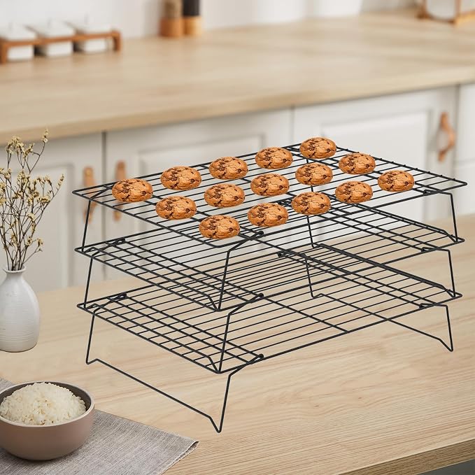3-Tier Cookie Cooling Rack, 13.4“x9.4" Stackable Iron Baking Cooling Rack,Cooling Rack for Baking, Foldable Wire Cooling Rack Space Saving for Cupcakes Pies Cookies gadgets