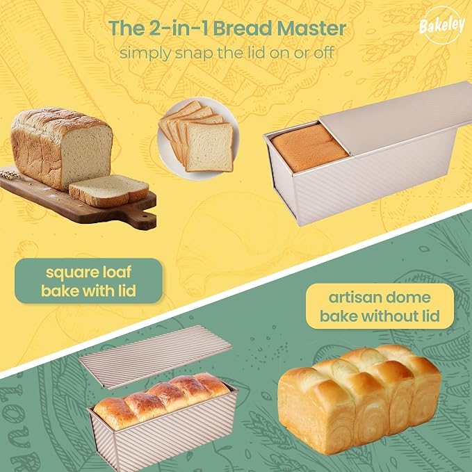 Commercial Pullman Loaf Pan with Lid, 2.2Lb Dough Capacity Non-Stick Rectangle Corrugated Carbon Steel Bread Toast Mold with Cover for Baking Bread (Champagne Gold)