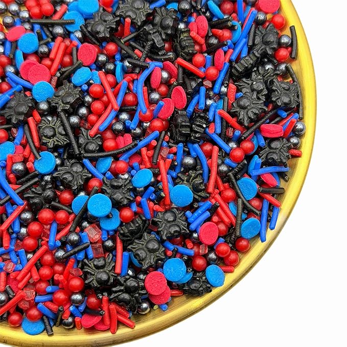 CandiJumpin Edible Spider Sprinkles, Spiderman Sprinkle Edible Pearls and Jimmies Mix Black Blue and Red Sprinkles Crunchy Jimmies Edible Pearls for Cake Decorating Pearl Decoration for Baking Baby Shower Party Birthday Halloween Christmas Supplies 3 OZ