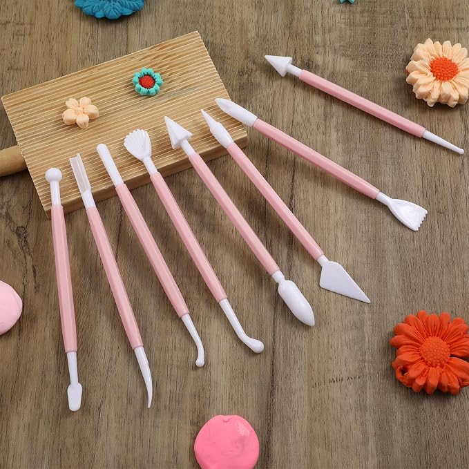 8 Pcs Clay Sculpting Tools Kit Fondant Sculpting Tool Set Air Dry Clay Tools Double Head Pottery Modeling Clays Carving Tool Plastic Cake Decorating Pens for Flower Modeling Baking Crafts Adult Pink