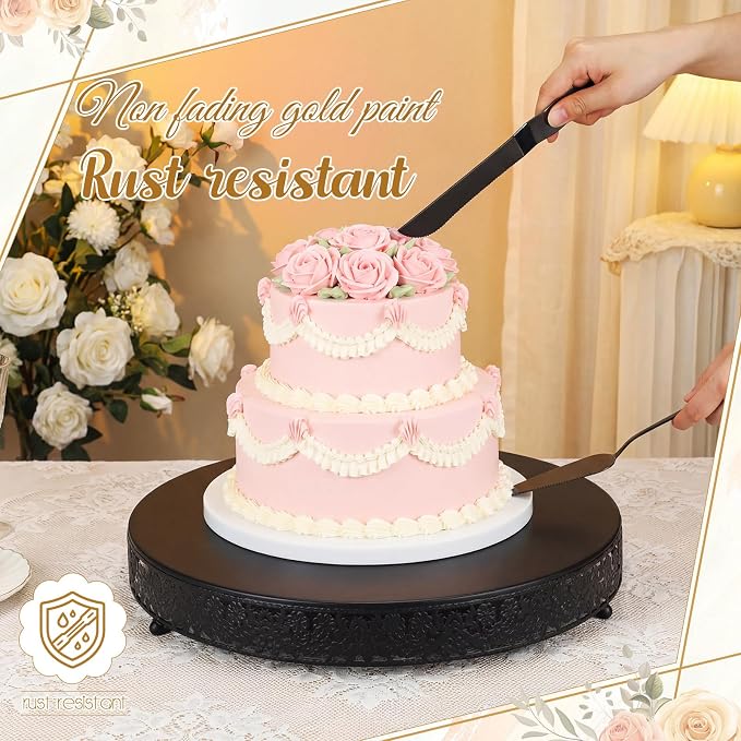 Wenqik 18 Inch Black Cake Stand Set Metal Round Cupcake Dessert Stand with Cake Cutting, Flower Spatula Wedding Cupcake Pastry Display Candy Holder Display for Wedding Party Birthday Baby Shower
