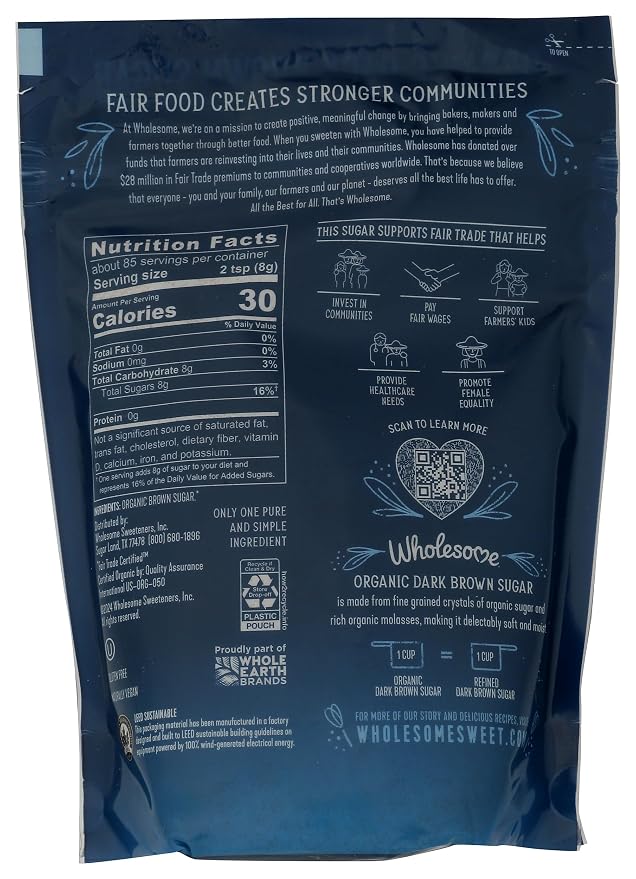 Wholesome Sweeteners 24-Ounce Organic Dark Brown Sugar, Fair Trade, Non GMO, Gluten Free & Vegan, Sugar for Baking and Glazing, 1 Pack (Package May Vary)
