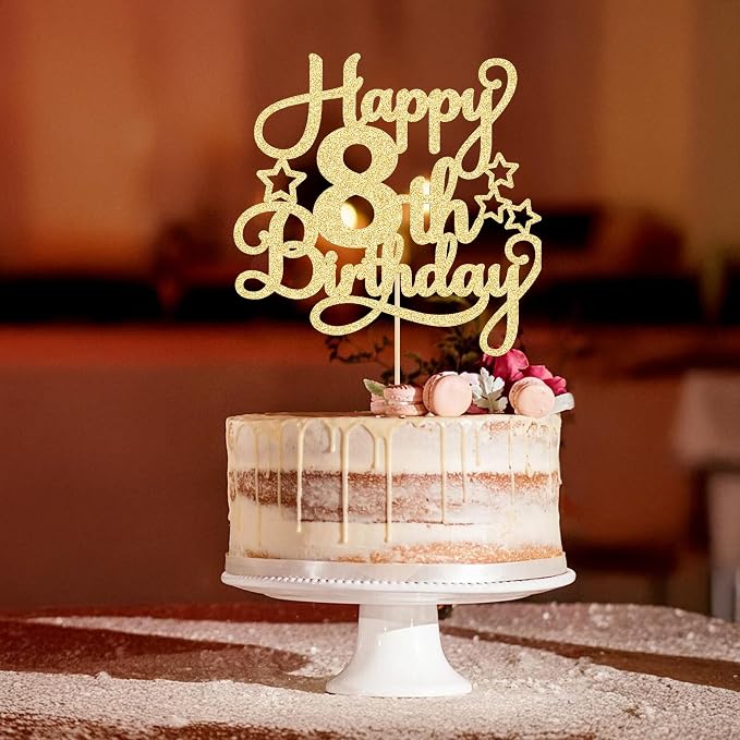 1 Pack Happy 8th Birthday Cake Topper Gold Glitter 8th Birthday Cheers to 8 Years Old Cake Pick for Celebrating Anniversary Party Cake Decorations Supplies