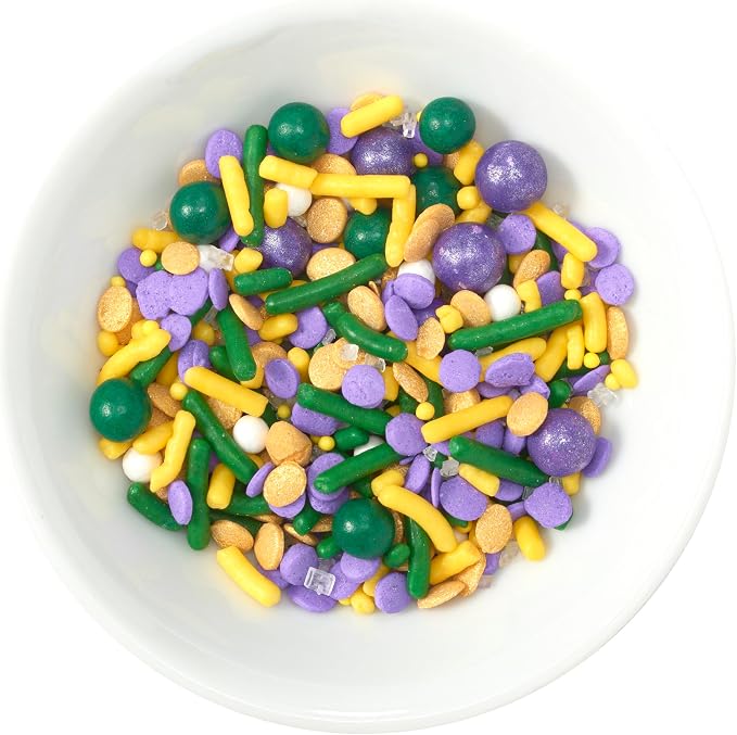 DECOPAC Mardi Gras Deluxe Fusion Mix Candy Sprinkles, 26oz, Edible Sprinkles in Handheld Container, Sugar Cake Decorations For Celebration Cakes, Cupcakes, Cookies, Ice-cream, and Donuts