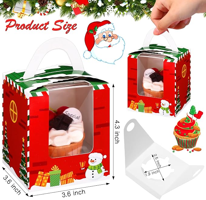 TaoBary 24 Pcs Christmas Cupcake Boxes Xmas Individual Cupcake Box Christmas Cookie Boxes with Window Insert Handle Muffin Pastry Holder Bakery Treat Box for X-mas Party(Gingerbread)