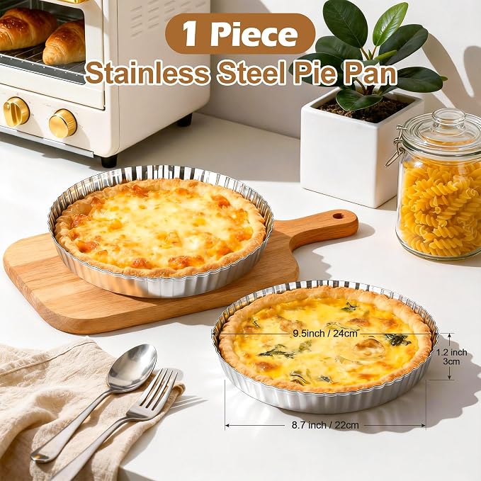 E-far 9.5 Inch Tart Pan, Stainless Steel Pie Quiche Pan Baking Dish for Oven, Reusable Pie Plate Tin with Fluted Edge & Seamless Bottom, No Leakage and Dishwasher Safe, Mirror Silver