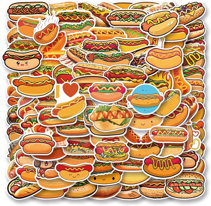 100Pcs Hot Dog Food Waterproof Stickers for Water Bottle Scrapbook Laptop,Skateboard,Party Favors Self Adhesive Stickers