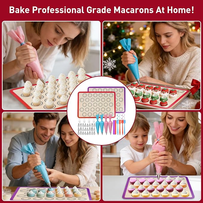44 Pcs Macaron Silicone Baking Kits, Macaron Baking Supplies,2 Macaron Silicone Baking Mats,24 Piping Tips,4 Piping Bags,4 Cable Ties,4 Connectors,2 Brushes,2 Scrapers,and 2 Tapping Rings