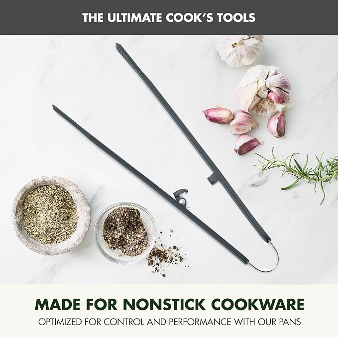 GreenPan Silicone Tong, Cooking Grilling Serving, Salad, Kitchen Utensil, Flexible Rubber Nonstick Cookware, Rigid Steel Core, Heat-Resistant, Anti-Slip Handle, BPA-Free, Dishwasher Safe, Gray