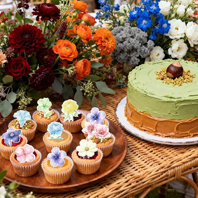 60 PCS Edible Flowers Cupcake Toppers Wafer Paper Daisy Rose Flower Cherry Cupcake Toppers Edible Flowers Cake Decorations for Baby Shower Wedding Birthday Valentine's Day Party Decorations Supplies