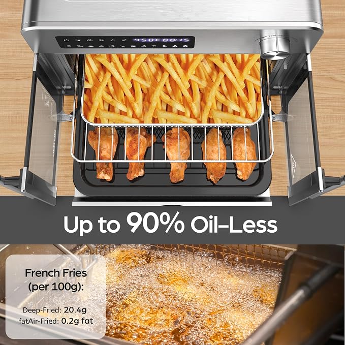 OSTBA French Door Air Fryer Toaster Oven Combo, 24QT 10-in-1 Oven | 10-in-1 Cooking, 1700W Power, Adjustable Fan Speed, Rotisserie Function, 102-Recipe Book, 6 Accessories