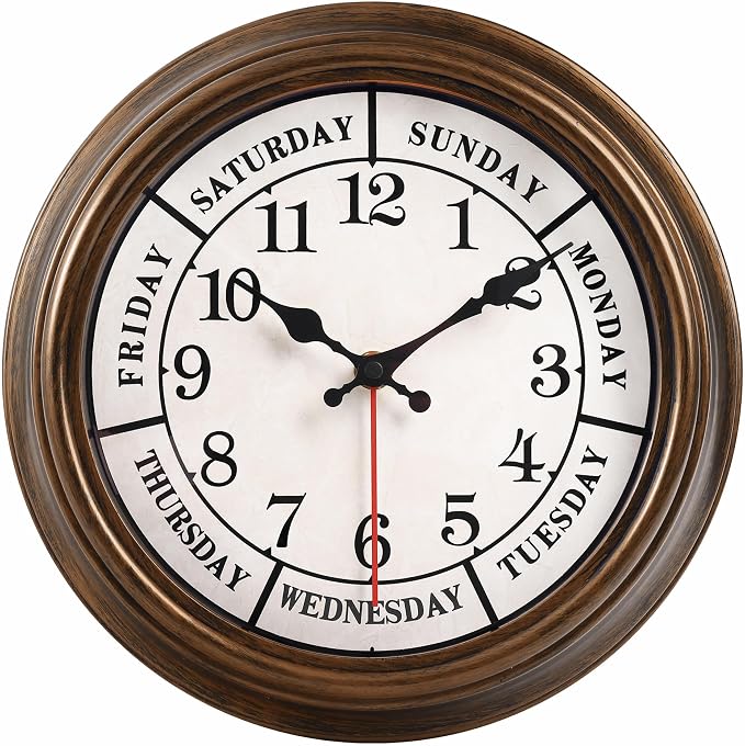 45MinST 12 Inches Retro Wall Clock,Day of The Week Wall Clock,Calendar Day Clock,Silent Non Ticking Battery Operated Movement(Bronze)