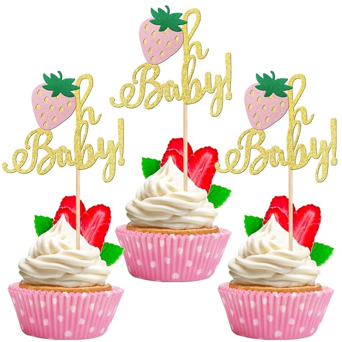 24 PCS Strawberry Oh Baby Cupcake Toppers Glitter Baby Shower Strawberry Cupcake Picks for Fruit Theme Baby Shower Kids Boys Girls Birthday Party Cake Decorations Supplies Gold