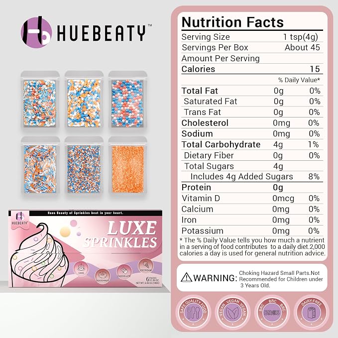 HUEBEATY 6-in-1 Carton Party Sprinkles for Cake Decorating – 180g Blue and Orange Birthday Sprinkles with Jimmies, Nonpareils, Stars, Pearls & Sugar Crystal – Edible Cakes, Cupcakes, Cookies & Ice Cream Topper Decorations for Birthday Parties