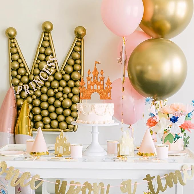 1 PCS Castle Cake Topper Glitter Princess Cake Topper Castle Theme Birthday Party Decoration Princess Happy Birthday Cake Decoration for Baby Shower Girls Princess Birthday Party Supplies Orange