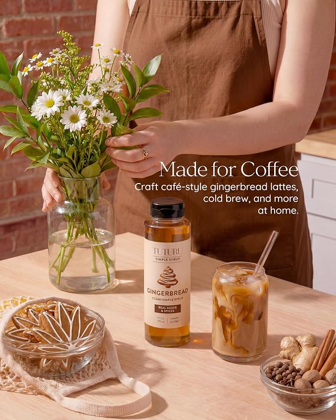 Gingerbread Simple Syrup for Coffee, Cocktails, Matcha - Sweetened with Agave Nectar - Infused with Real Gingerbread Spices - 13.5 oz