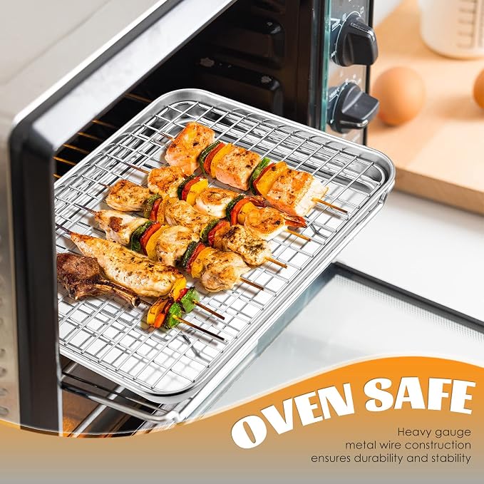 Small Baking Cooling Rack Set of 2, E-far Stainless Steel Toaster Oven Rack for Cooking Roasting Grilling Meat, 8.6” x 6.2” Metal Bakeable Wire Racks for Cookie Cake Bacon - Dishwasher Safe