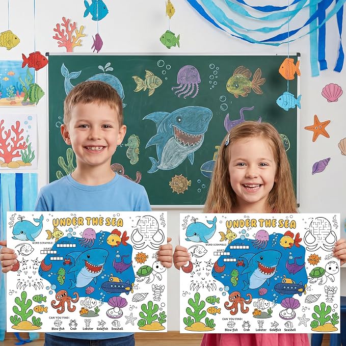 45pcs Under The Sea Disposable Coloring Placemats Ocean Crafts for Kids Party Favors Coloring Poster Classroom Activities Birthday Party Supplies Paper Table Mats