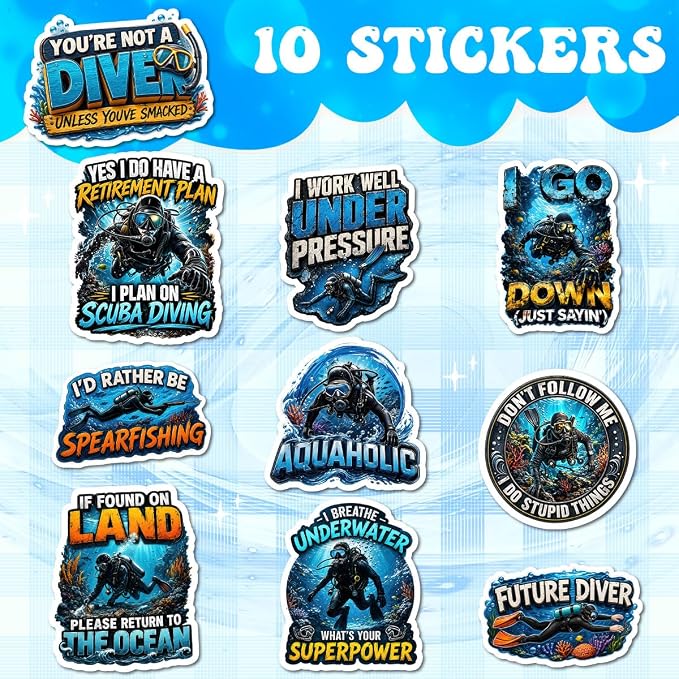 10pcs Suba Diving Stickers for Scrapbook Cartoon Stickers for Water Bottles Vinyl Decals for Kids Teens Laptop Notebook Phone Luggage Skateboard Bike Guitar Helmet