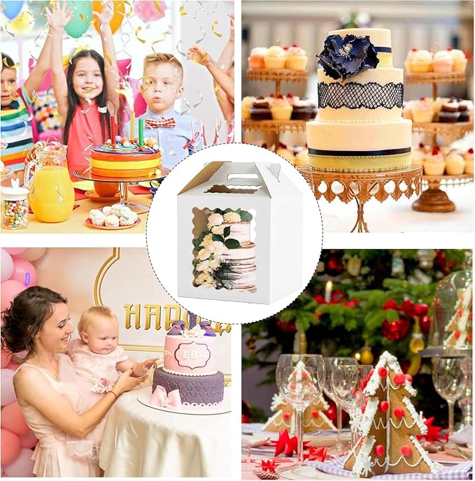 3 Pack 12x12x12 Inch Tall Cake Boxes with windows,10in 12in Large Tiered Cake Box, Disposable Tall Cake Carrier, Layer Tall Baking Carrier with Handle for Wedding, Birthday