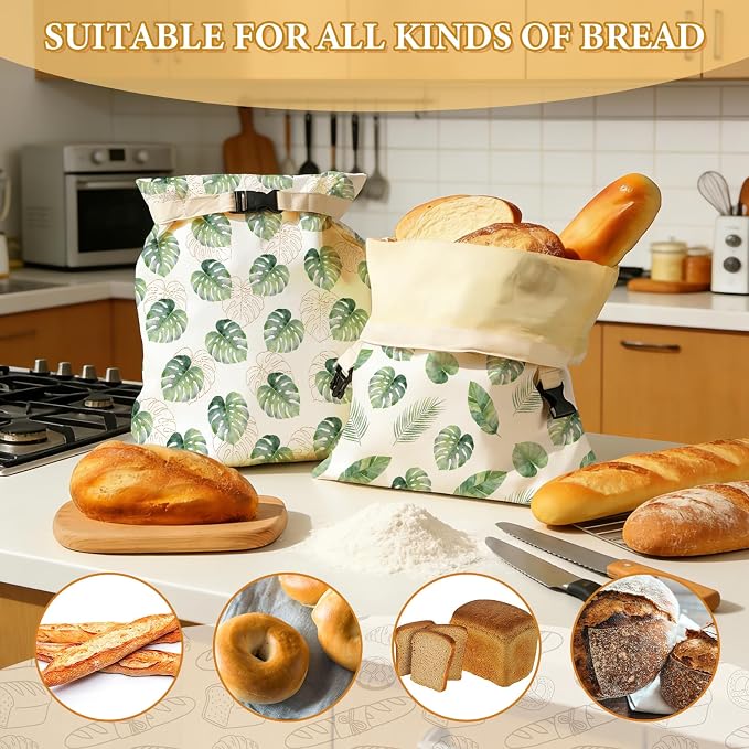 2 Pack Beeswax Bread Bags for Homemade Sourdough Bread, 17x13 Inch Reusable Linen Beeswax Bread Bag with Buckle to Keeps Bread Freshness for Food Storage(Palm Leaves)