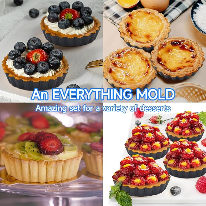 6 Pack Mini Fluted Tart Pans 4 Inch with Removable Bottom, Nonstick Quiche Pan with Silicone Basting Pastry Brush for Baking Treats, Pie, Quiches, Tartlets