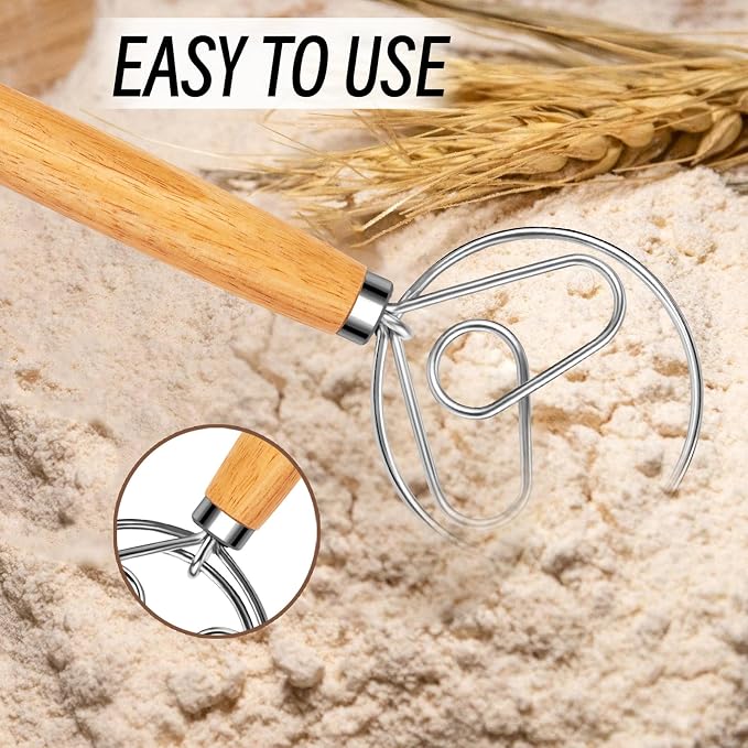 Danish Dough Whisk with Dough Hook Stainless Steel Wooden Handle for Sourdough Bread Baking Dough Mixing