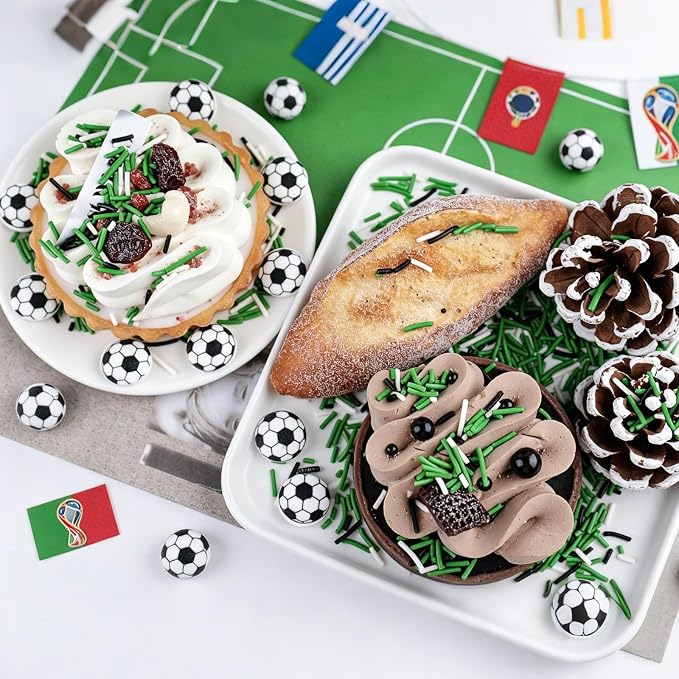 Soccer Sprinkles for Cake Decorating - 10Pcs Edible Soccer Balls & Black Green White Jimmies Sprinkles for Baking, Cupcakes, Cookies & Ice Cream Toppings, World Cup Sprinkles