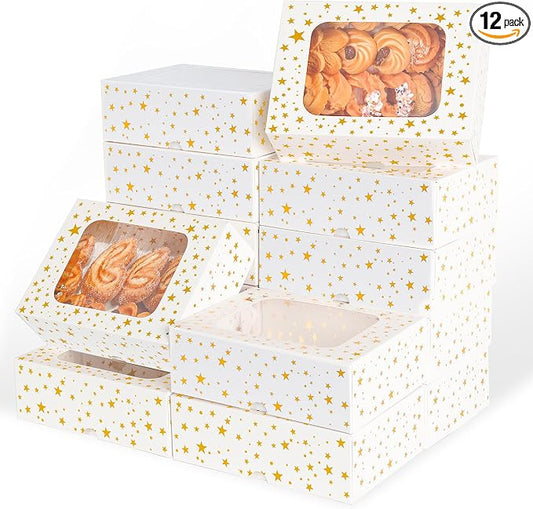 YEKTFS 12pcs Cookie Boxes with Window, 8.25x6x2.75in White Treat Boxes with Window Gold Foil Star Bakery Cake Boxes for Christmas Gift Giving Pastry Dessert Cupcakes Candy Donut Packaging