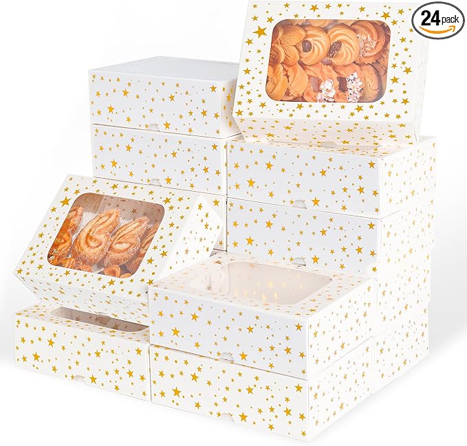 YEKTFS 24Pcs Christmas Cookie Boxes with Window - Gold Foil Star Pastry Boxes for Gift Giving, Bakery Boxes, White Christmas Cookie Tins with Lids,Dessert, Donut, Baked Goods Packaging