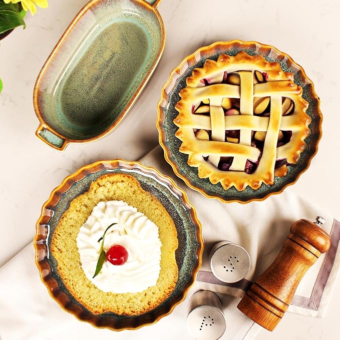 11.6 Inch Large Quiche Tart Pans Pan, 1.4 Qt Ceramic Au gratin pans, Fluted Ruffled Edge for Quiche Baking Dish/Pie Pan - Microwave Freezer Dishwasher Oven safe - Great Gift for Bakers