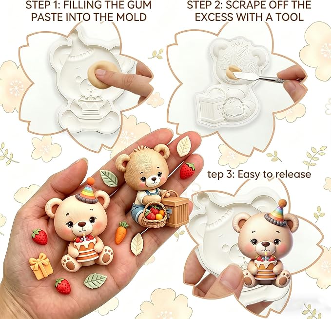 2Pcs 3D Cute Teddy Bear Silicone Fondant Molds, Birthday Party Picnic Bear Chocolate Candy Mold for Baking, Cake Decorating, Gum Paste, Cupcake Toppers, DIY Crafts, Easy Demold Pastry Tool