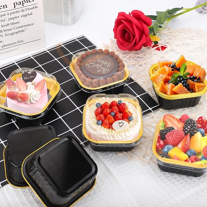 30Pack 5oz Mini Cake Pans with Lids Baking Cups Aluminum Foil Pans Tins, Individual Dessert Cups Containers for Sales,Party,Picnics (Black&Gold)