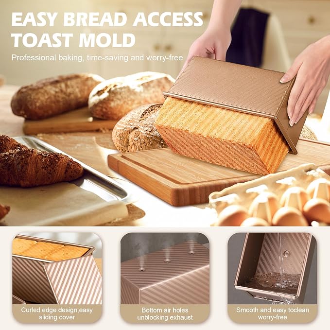 3Pack Pullman Loaf Pans with Lids – 2.2 LB & 1 LB & 1 LB Dough Capacity, Non-Stick Carbon Steel Bread Pans for Homemade Sandwich and Sourdough Bread, Corrugated Toast Mold
