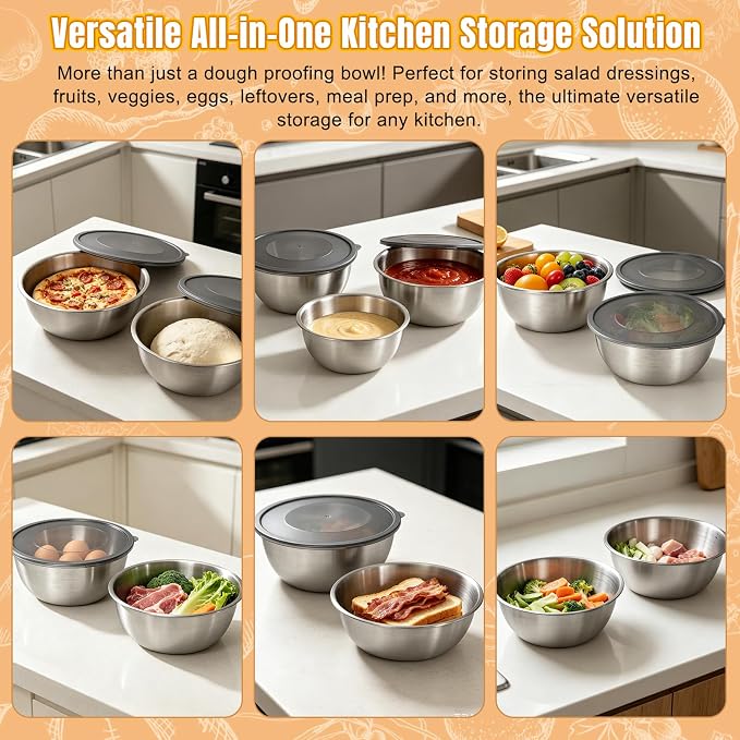 3 Pack Pizza Dough Proofing Bowls, 1200 ml Stackable Stainless Steel Proofing Container with Clear Airtight Lid, Suitable for Fermenting Pizza Dough and Bread