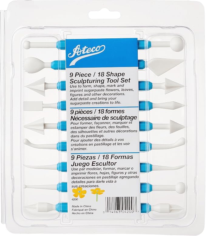Ateco Sculpting Tool Set for Sugar Paste Decorations, 9 Piece Set with 18 Shapes, Food Grade Plastic with Non-slip Handles, Blue