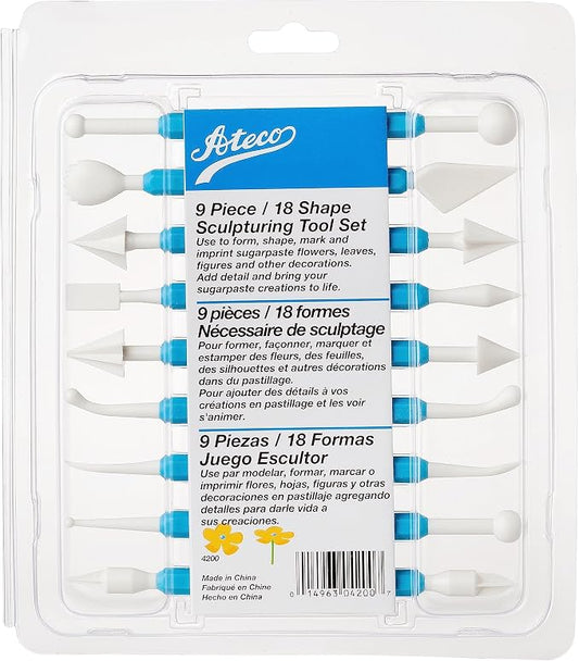 Ateco Sculpting Tool Set for Sugar Paste Decorations, 9 Piece Set with 18 Shapes, Food Grade Plastic with Non-slip Handles, Blue