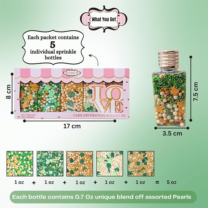 Confect Edible Sprinkles Mix Pack of 5 (5 oz) – Green, Gold & White Sprinkles for Baking – Cake, Cupcake & Cookie Decorations for St. Patrick’s Day, Birthdays & Celebrations | Vegan, Gluten-Free, Nut-Free, Soy-Free, Dairy-Free, Palm Oil-Free - 5 Oz