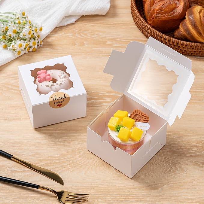 100pcs Cookie Boxes with Window, 4x4x2.5 Inches Bakery Boxes with 100pcs Stickers for Cookies, Bakery, Desserts, Candy, Chocolate Covered Strawberries, Mini Cake (White)