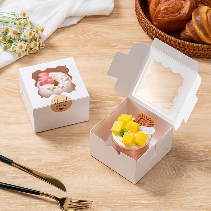 20pcs Cookie Boxes with Window, 4x4x2.5 Inches Bakery Boxes with 25pcs Stickers for Cookies, Bakery, Desserts, Candy, Chocolate Covered Strawberries, Mini Cake (White)